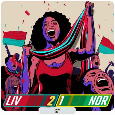 a cartoon of a woman holding up a scarf with the score liv 2 1 nor 67