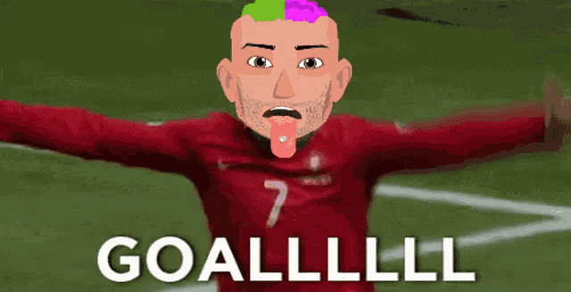 a cartoon of a man with a tongue sticking out and the words goallll behind him