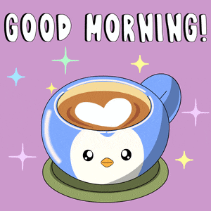 a cup of coffee with a penguin on it and the words good morning written above it
