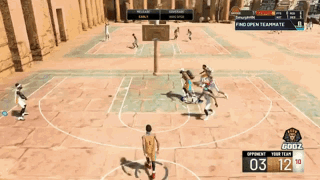 a game of basketball is being played on a court with a scoreboard that says find open teammate