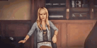 a woman is sitting in a chair in a room in a video game and looking at the camera .