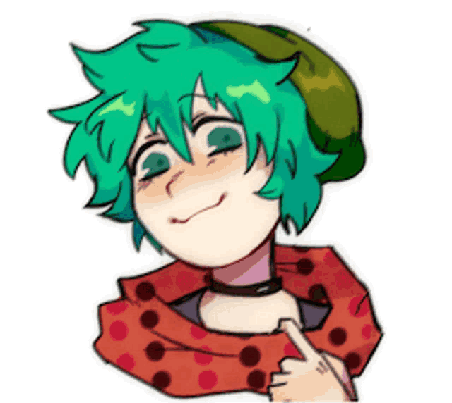 a cartoon character with green hair and a green hat is smiling and pointing at something .