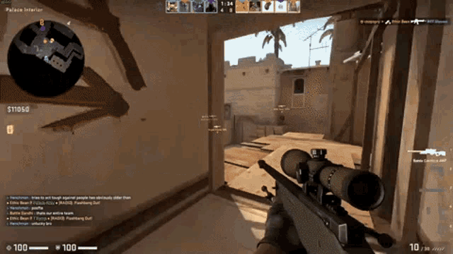 a person holding a sniper rifle in front of a palace interior map