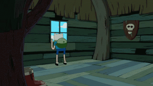a cartoon character is standing in front of a window with a skull on the wall behind him