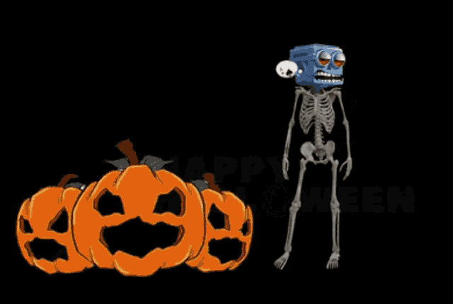 a skeleton with a blue box on his head is standing next to pumpkins and the words happy halloween