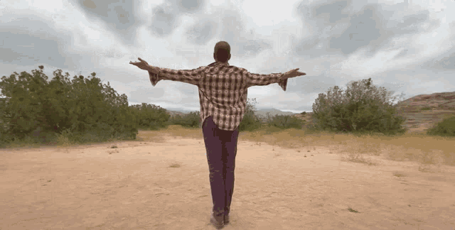 a man in a plaid shirt stands with his arms outstretched