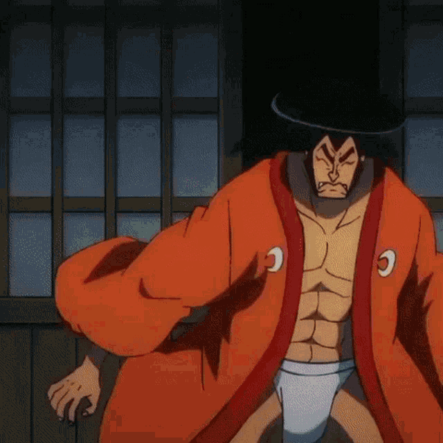 a man in a red robe and white underwear is standing in front of a door .