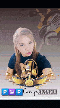 a poster for pop camp angeli shows a woman with headphones and a microphone in front of her