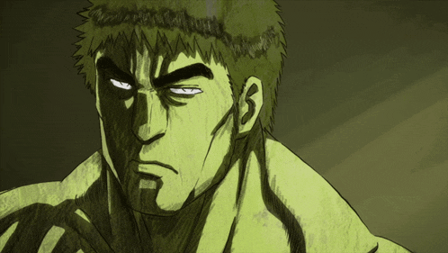a drawing of a man 's face with green hair and white eyes