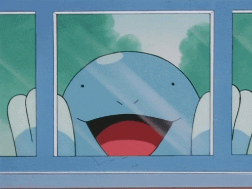 a cartoon character looks out of a window with a big smile on his face