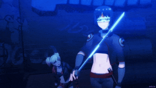 two anime characters are standing next to each other with graffiti on the wall behind them with the letters g and r on it