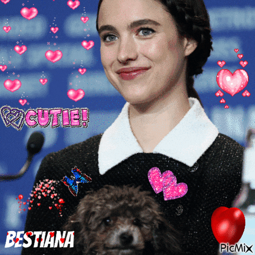 a picture of a woman holding a small dog with the words cutie written on it