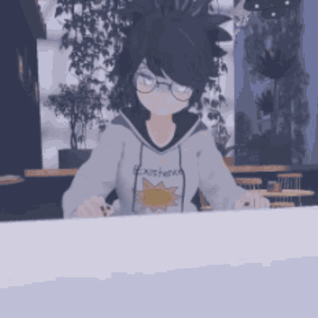a person wearing a sweatshirt that says existence