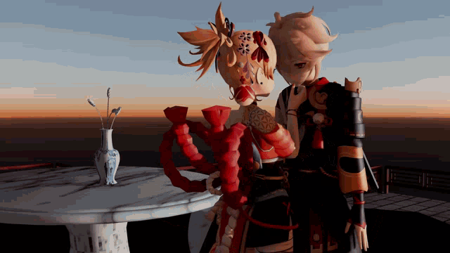 a couple of anime characters standing next to each other with a vase in the background