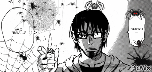 a black and white drawing of a man with a spider on his head and a spider web behind him .