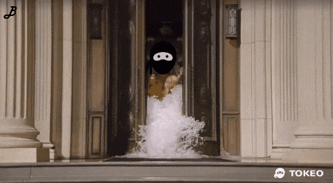 a cartoon of a ninja coming out of a door with the word tokeo in the corner