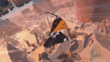 a cartoon character is flying through the air with a sword in his hand .