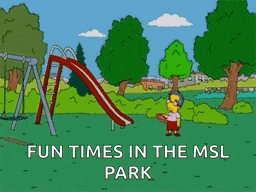 a cartoon of a man standing in front of a slide with the words fun times in the msl park below him .