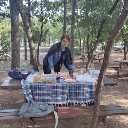 a woman stands at a picnic table with a plaid table cloth
