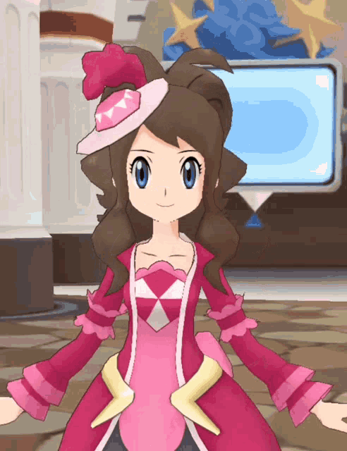 a cartoon girl in a pink dress and hat