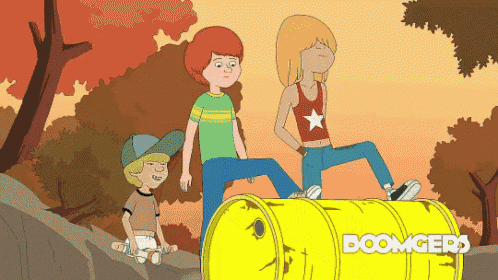 a cartoon of a boy and a girl standing next to a yellow barrel with boomers written on it
