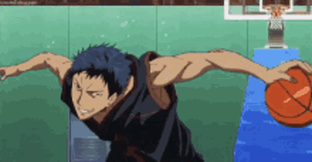 a man is holding a basketball with his arms outstretched in front of a basketball hoop .