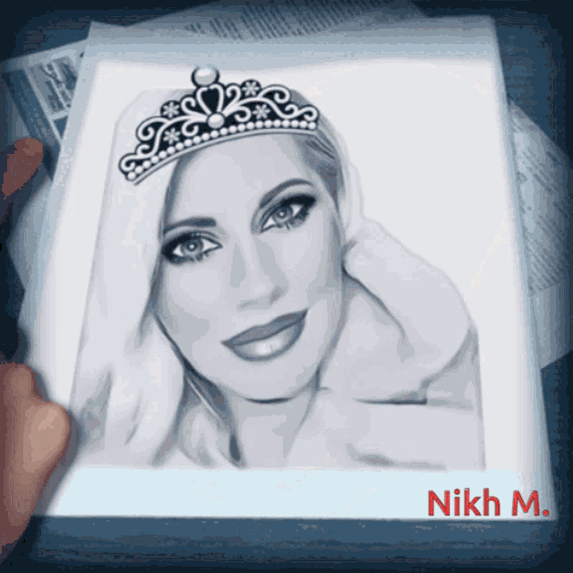 a drawing of a woman wearing a tiara with the name nikh m.