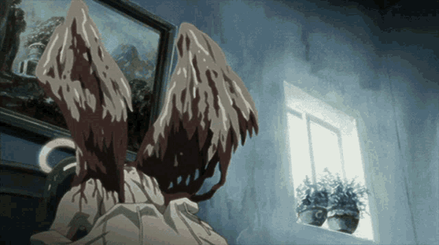 a drawing of a person with bloody wings in a room