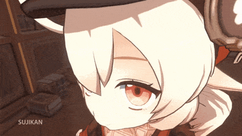 a close up of a cartoon character with the word sujikan above her head