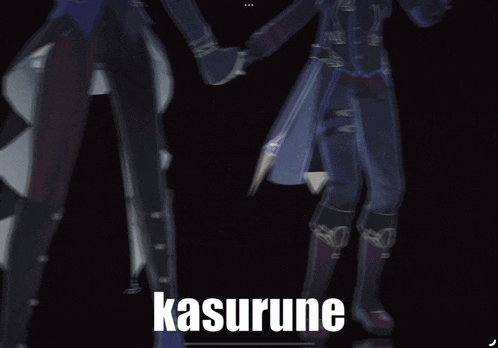 two anime characters are standing next to each other and the word kasurune is on the bottom