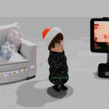 a cartoon character wearing a santa hat is standing in front of a tv