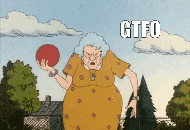 a woman in a yellow dress is holding a red ball and says gtfo in white letters