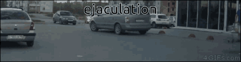 a man crawling on the ground with the word ejaculation written on the bottom