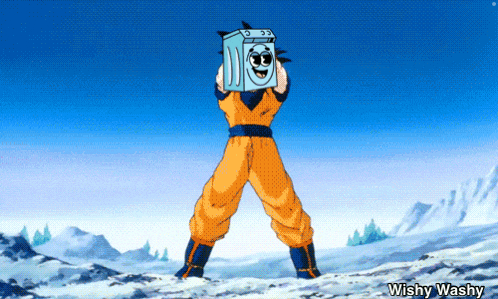 a cartoon of a person holding a washing machine over their head with wishy washy in the corner