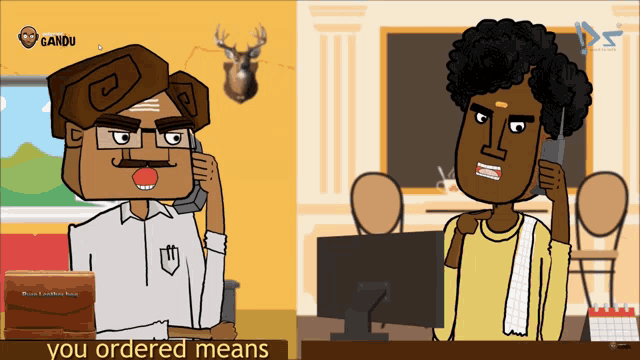 a cartoon shows a man talking on a phone and another man looking at a computer screen with the words you ordered means