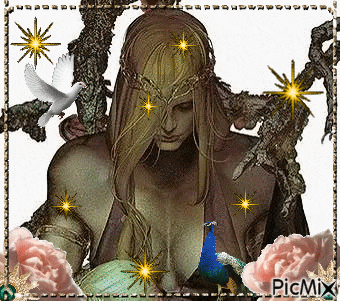 a picture of a woman surrounded by flowers and a peacock with picmix written on the bottom