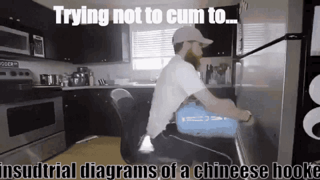 a man sitting in a chair in a kitchen with the caption trying not to cum to insudtrial diagrams of a chinese hooke
