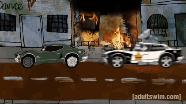 a cartoon of a police car driving past a burning building