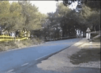 a blurry picture of a road with trees and a sign that says ' a ' on it