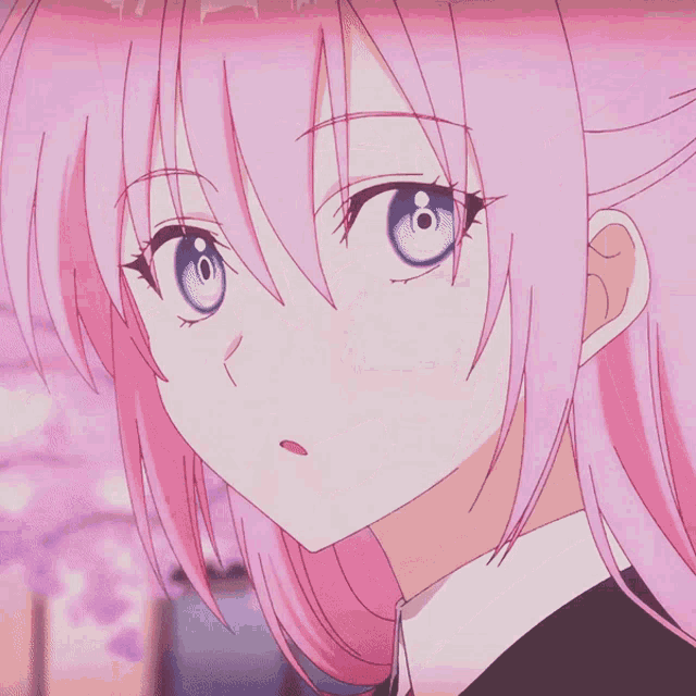 a close up of a pink haired anime character with her mouth open
