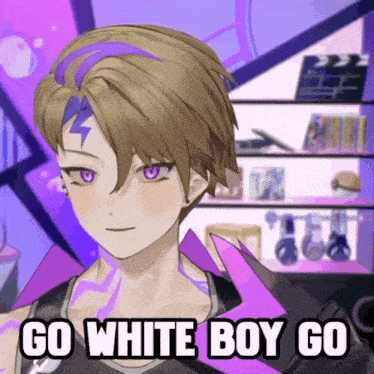 a cartoon character with purple eyes and the words go white boy go on the bottom