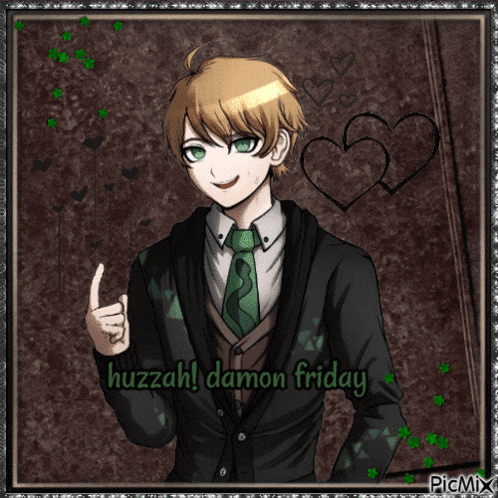 a picture of a boy with the words huzzah damon friday