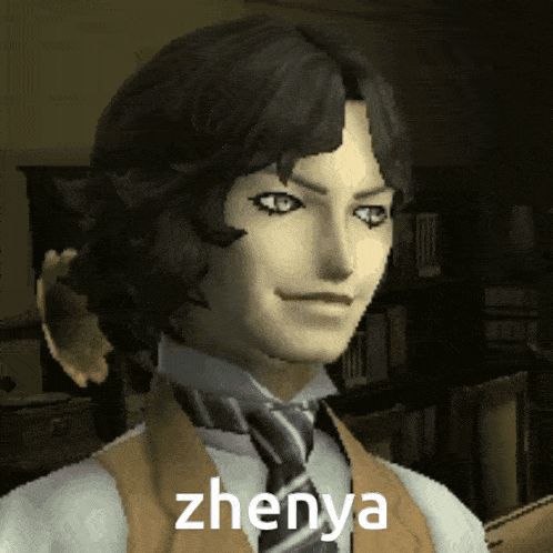 a man in a vest and tie with the word zhenya on his face