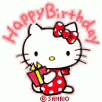 hello kitty is holding a gift and a candle in her mouth .