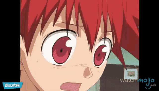 a close up of a red haired anime character with the words discotek on the bottom right