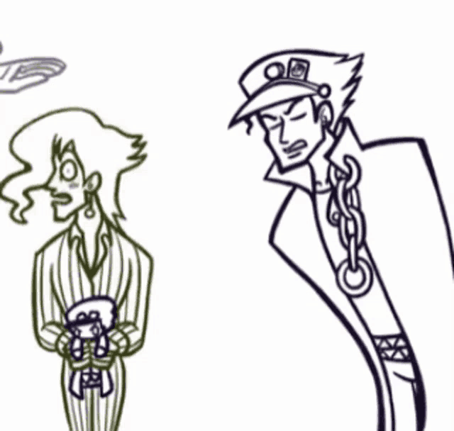 a drawing of a man in a hat standing next to another man