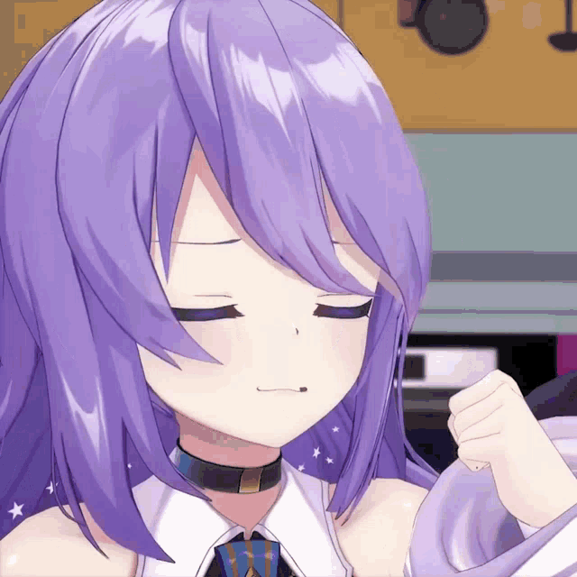 a close up of a purple haired anime character