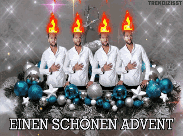 a greeting card with four men wearing candles on their heads and the words einen schonen advent