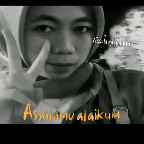 a black and white photo of a woman with the word assalamu alaikum written on the bottom