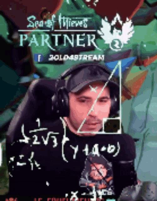 a man wearing headphones is playing a game called sea of thieves partner